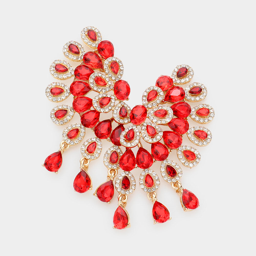 Red Teardrop Rhinestone Accented Pageant Earrings | Prom Earrings