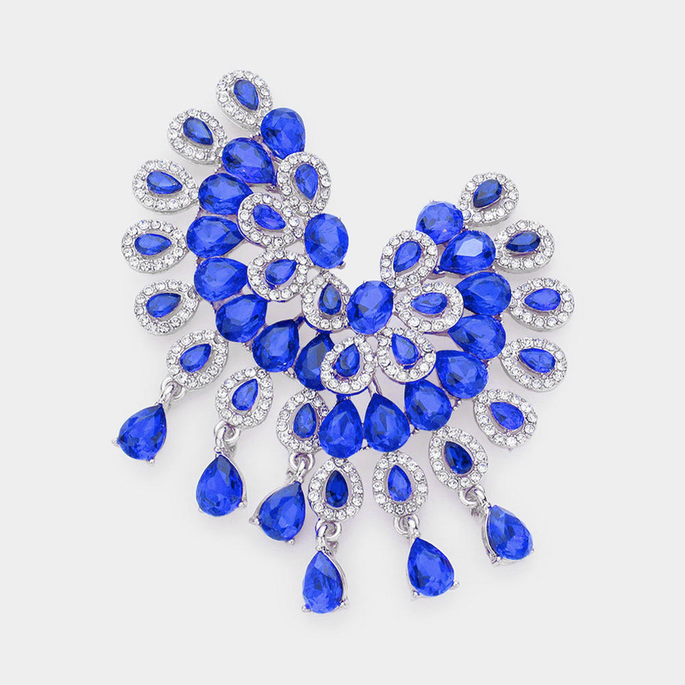 Blue Teardrop Rhinestone Accented Pageant Earrings | Prom Earrings