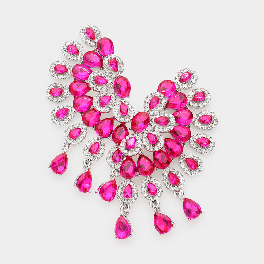 Fuchsia Teardrop Rhinestone Accented Pageant Earrings | Prom Earrings