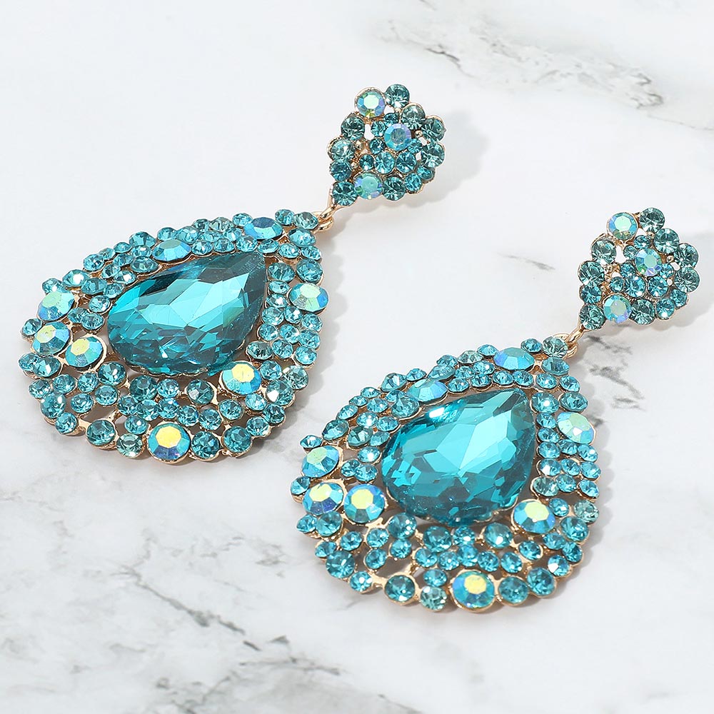 Aqua AB crystal large statement earrings on silver – sparkling, eye-catching, ideal for stage, pageants, and prom nights.