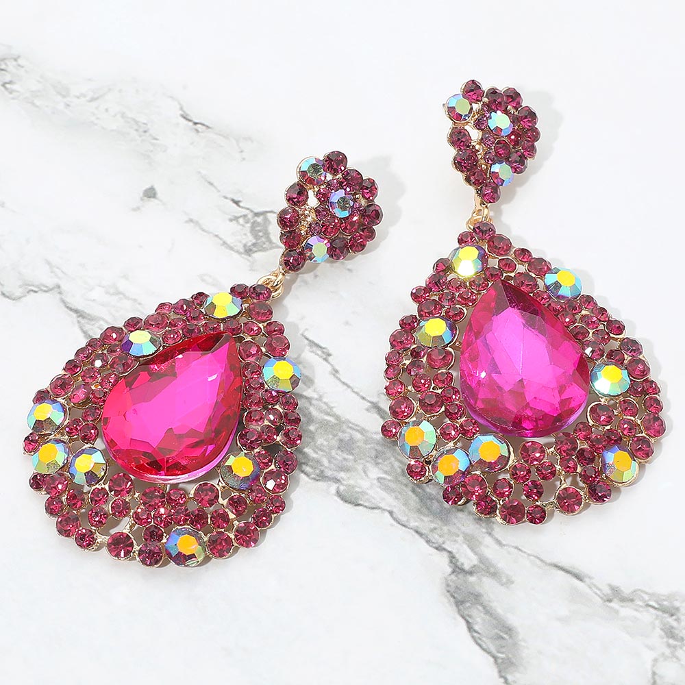 Hot Pink/Fuchsia crystal large statement earrings on silver – bold, vibrant, and perfect for pageants, proms, or special occasions.