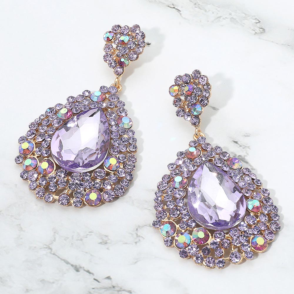 Purple/Lavender crystal large statement earrings on silver – bold, eye-catching, and perfect for pageants, proms, or special occasions.