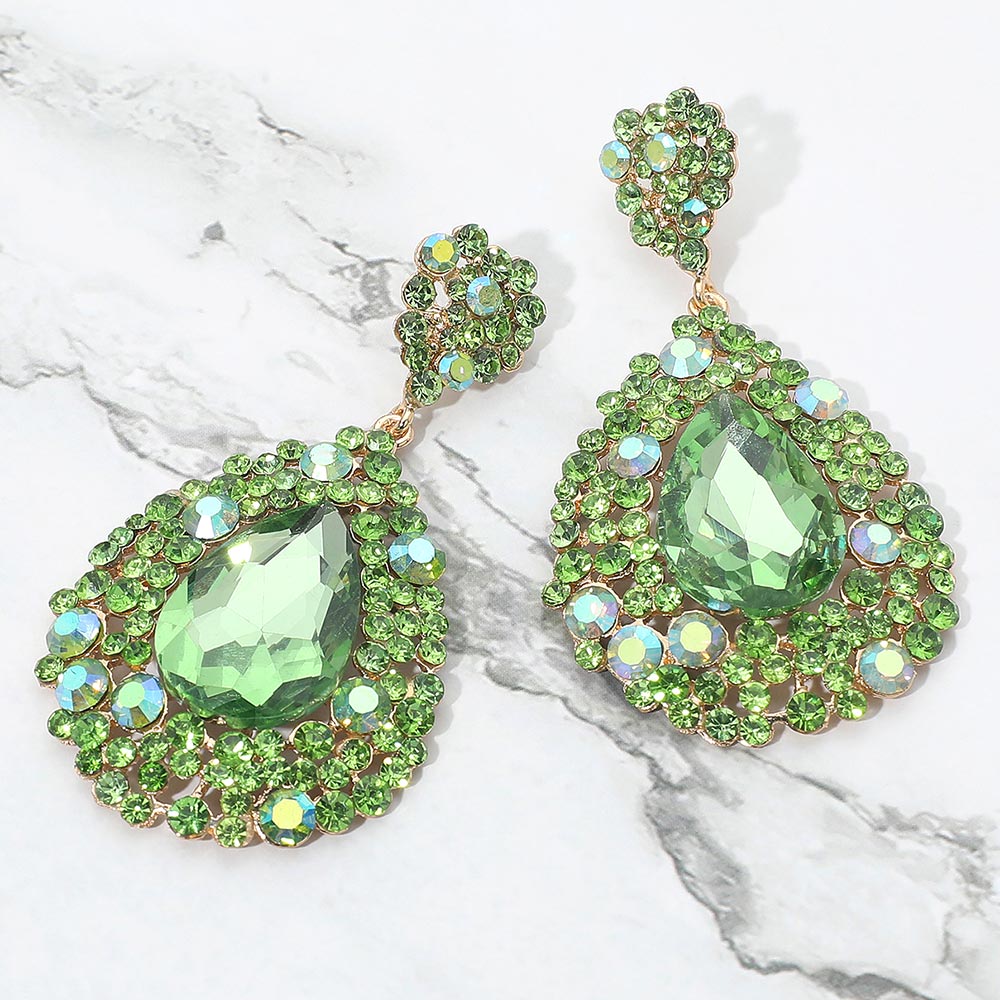 Peridot green crystal large statement earrings on silver – vivid, sparkling, and ideal for pageants, proms, or stage events.