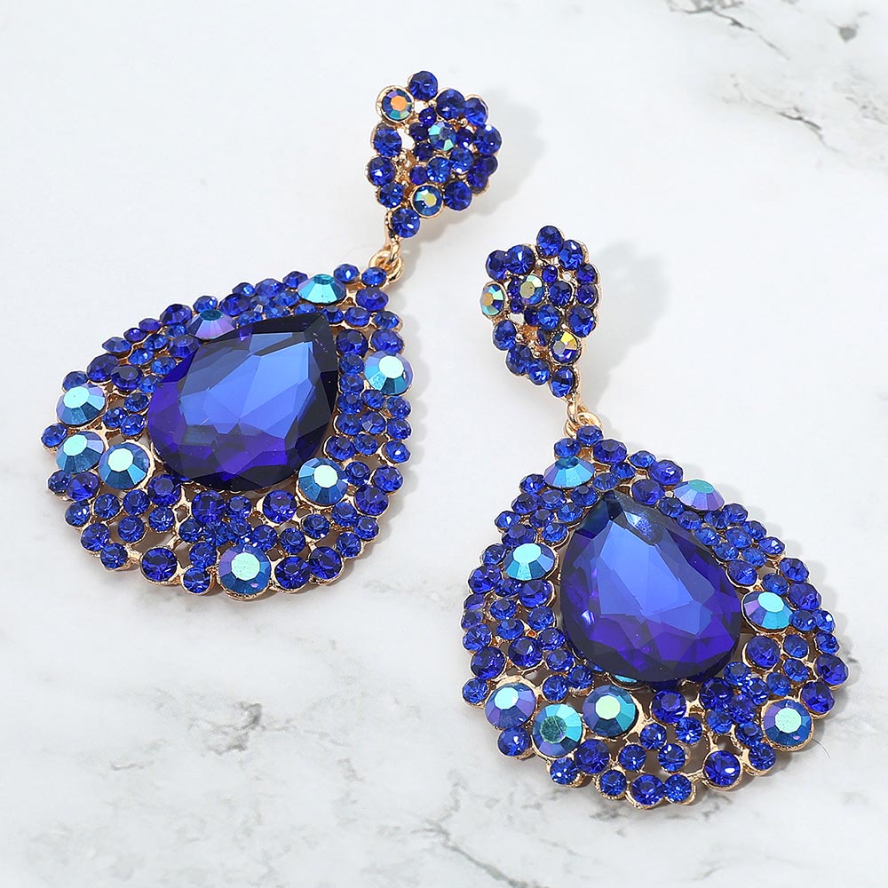 Sapphire AB crystal large statement earrings on silver – bold, sparkling, ideal for pageants, proms, or evening wear.