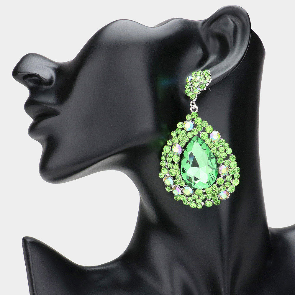 Large Green Chunky Peridot Crystal Pageant and Statement Earrings on Silver