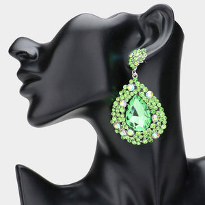 Large Green Chunky Peridot Crystal Pageant and Statement Earrings on Silver