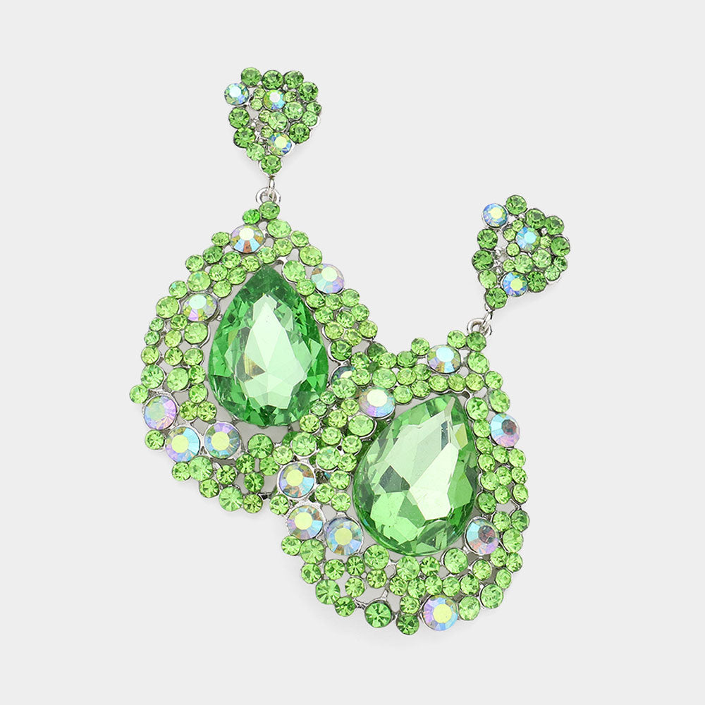 Large Green Peridot Crystal Earrings on Silver | Green Pageant Earrings
