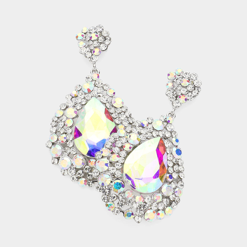 Large AB Crystal Earrings on Silver | Pageant Chunky Earrings | Clearance