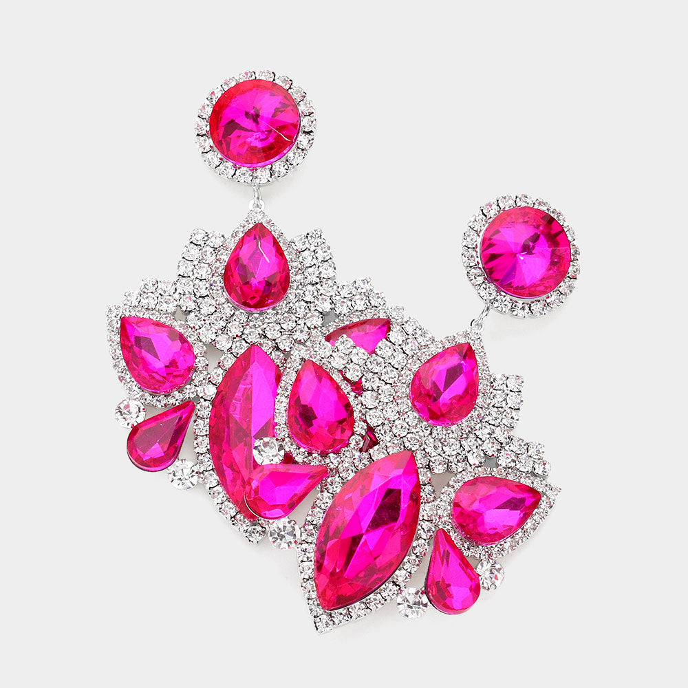 Multi Fuchsia Stone Rhinestone Embellished Chandelier Pageant Earrings | Prom Earrings