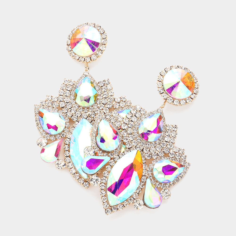Multi AB Stone Rhinestone Embellished Chandelier Pageant Earrings on Gold | Prom Earrings