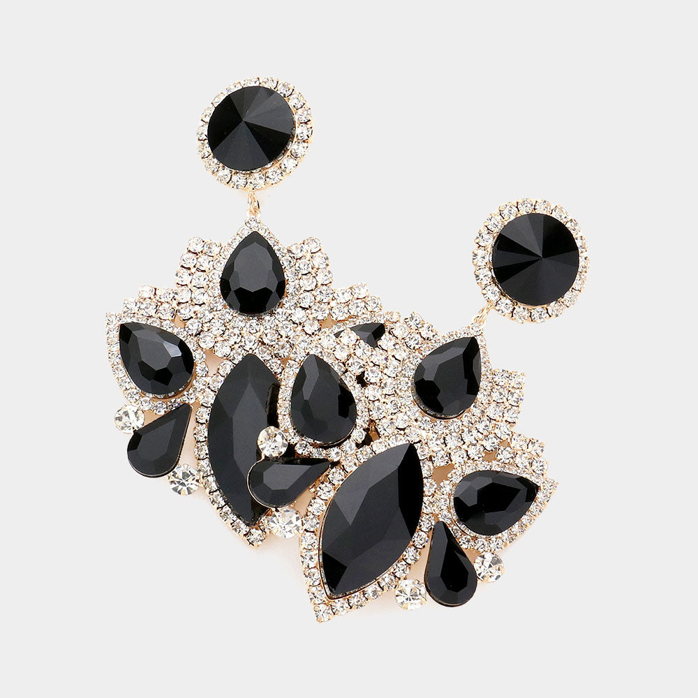 Multi Black Stone Rhinestone Embellished Chandelier Pageant Earrings  | Prom Earrings
