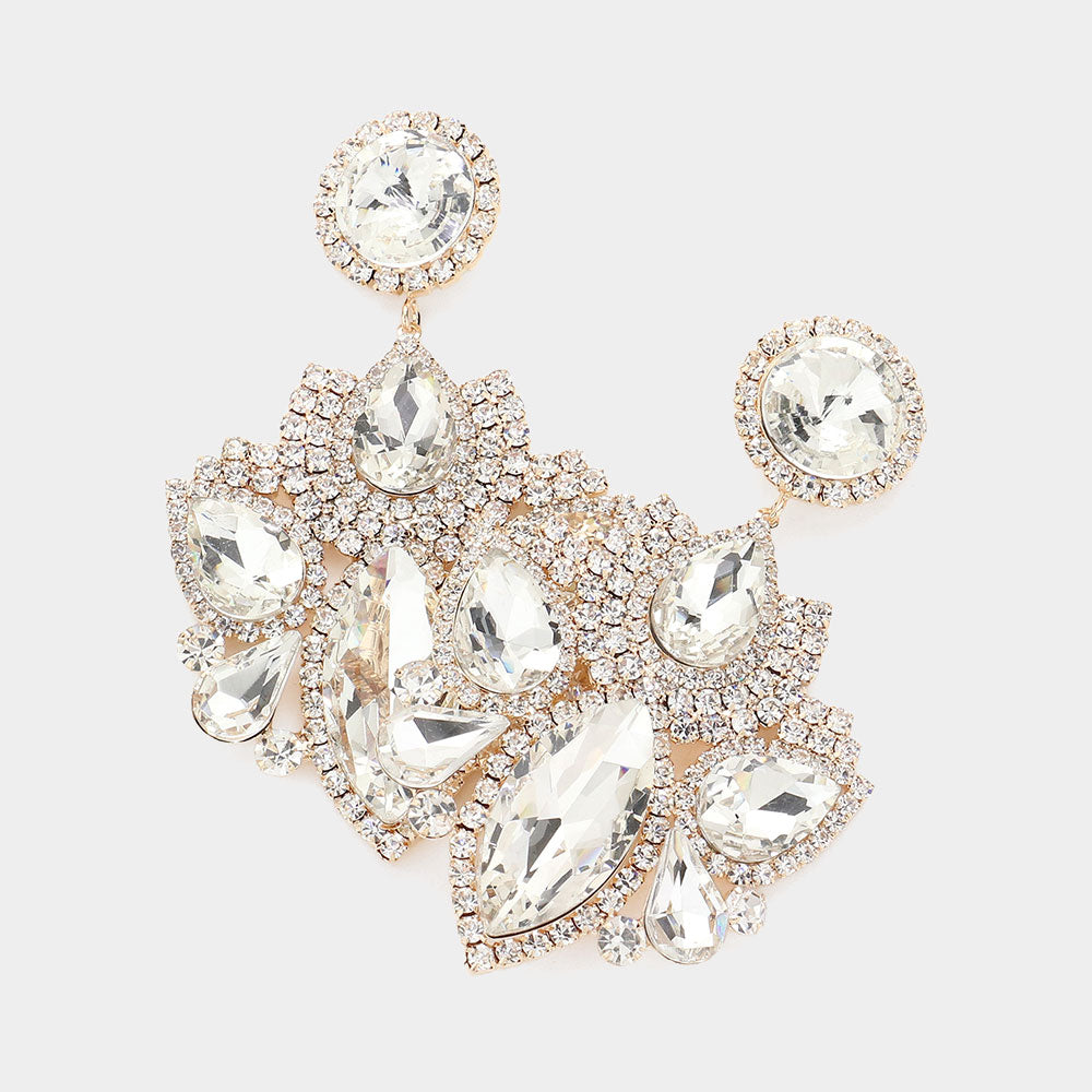 Multi Clear Stone Rhinestone Embellished Chandelier Pageant Earrings on Gold  | Prom Earrings