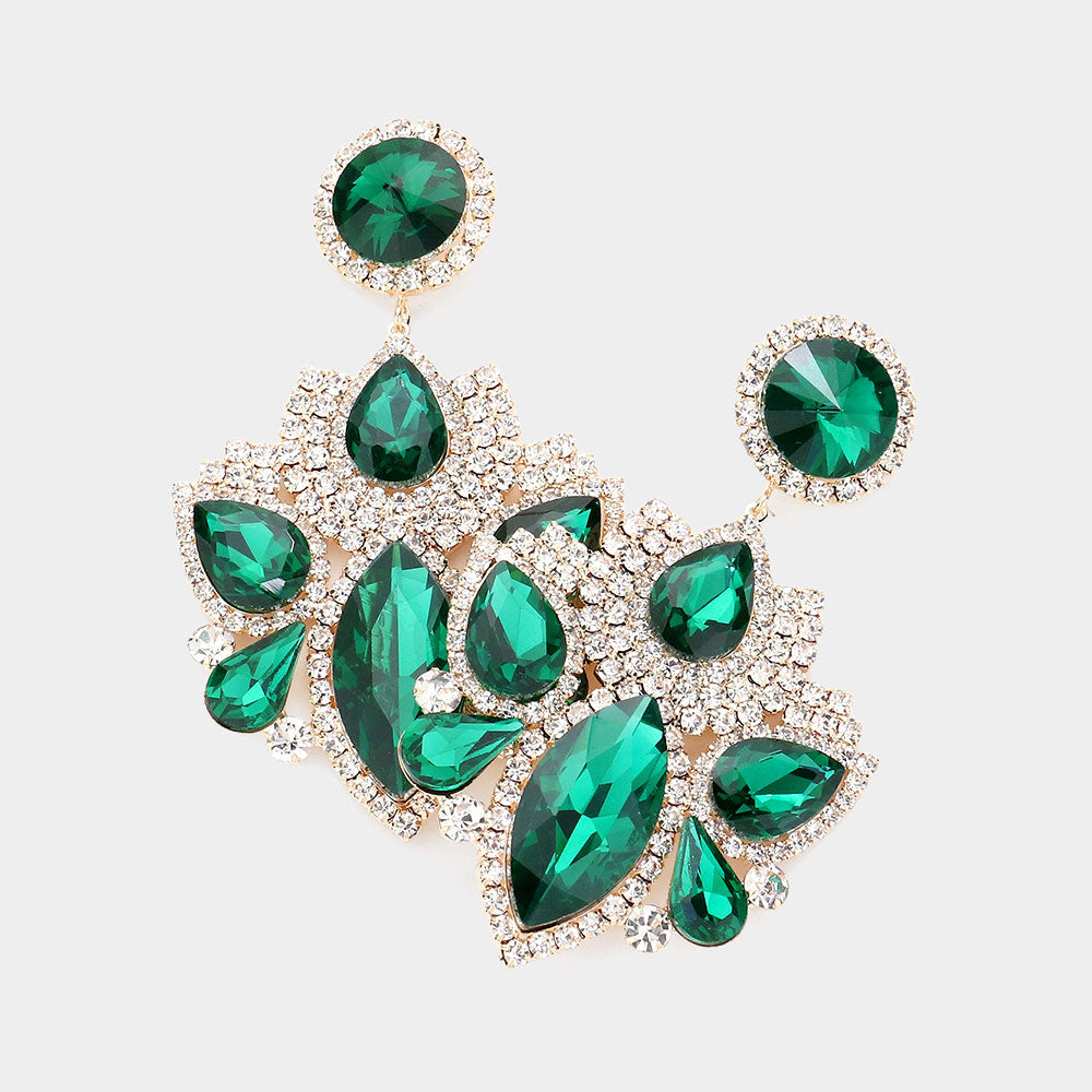 Multi Emerald Stone Rhinestone Embellished Chandelier Pageant Earrings | Prom Earrings
