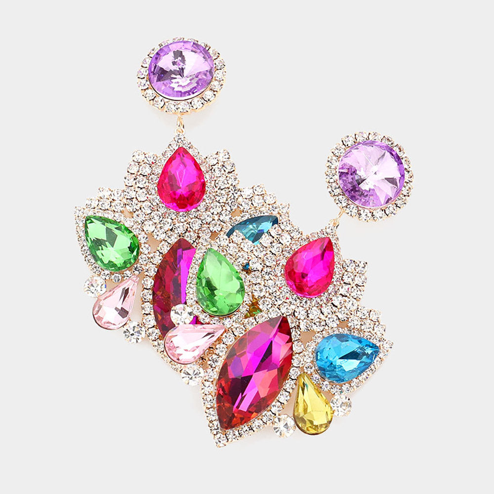 Multi-Color Multi Stone Rhinestone Embellished Chandelier Pageant Earrings | Prom Earrings