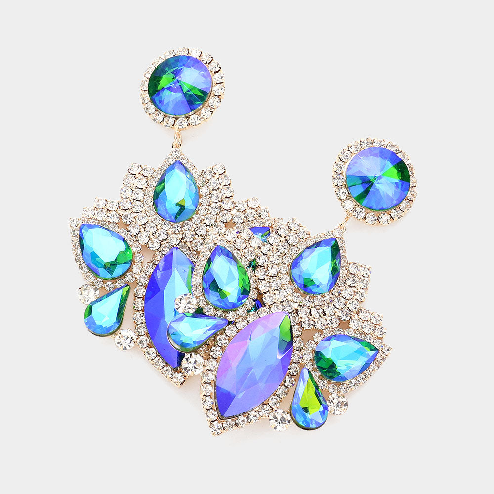 Multi Green AB Stone Rhinestone Embellished Chandelier Pageant Earrings   | Prom Earrings