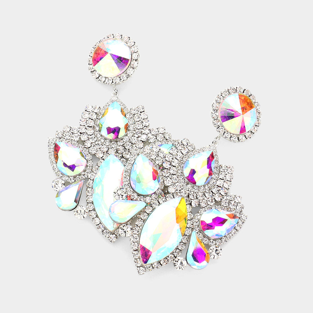 Multi AB Stone Rhinestone Embellished Chandelier Pageant Earrings   | Prom Earrings