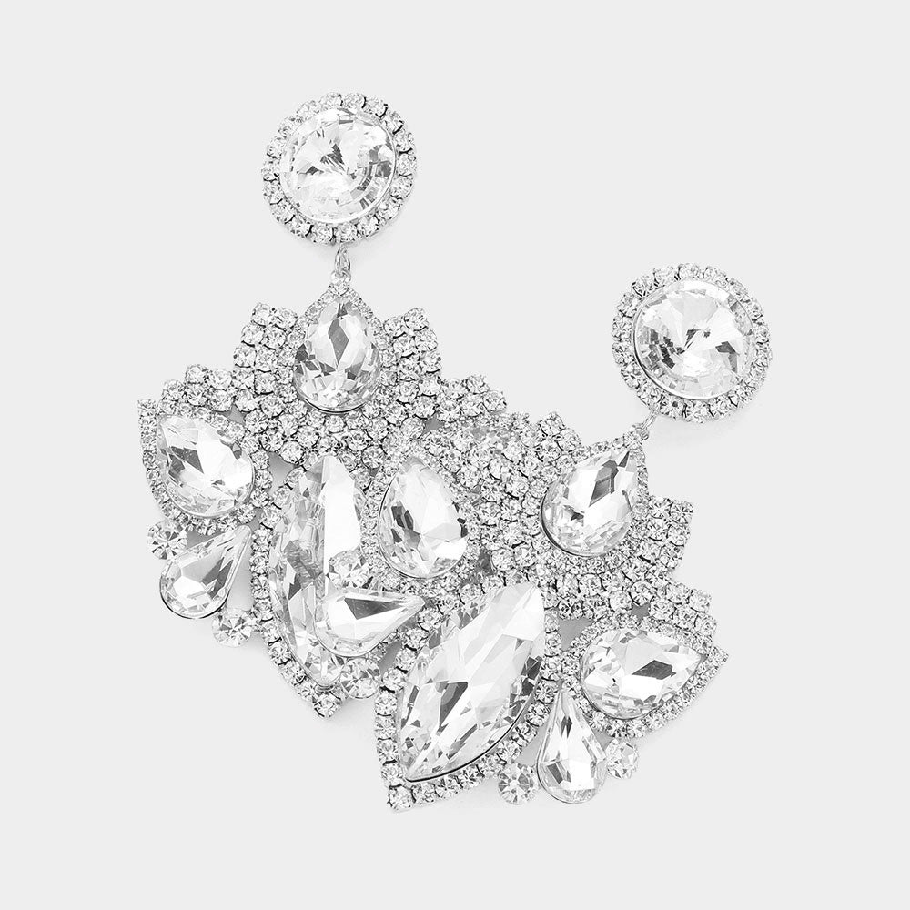 Multi Clear Stone Rhinestone Embellished Chandelier Pageant Earrings   | Prom Earrings