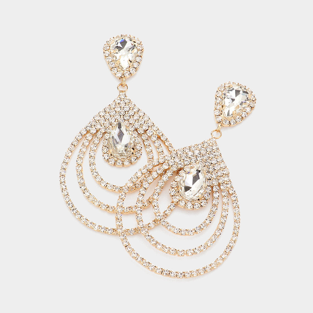Big Clear Crystal Teardrop and Rhinestone Dangle Pageant Earrings on Gold | Prom Jewelry