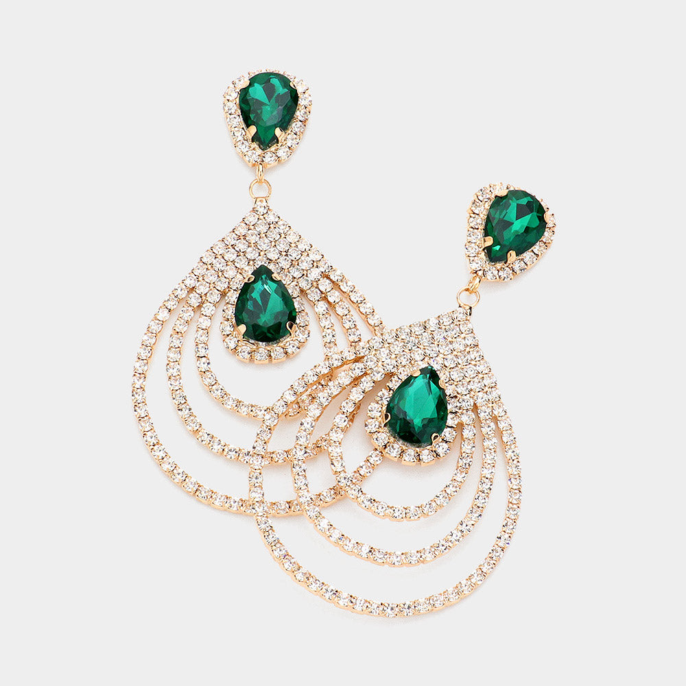 Big Emerald Crystal Teardrop and Rhinestone Dangle Pageant Earrings on Gold | Prom Jewelry