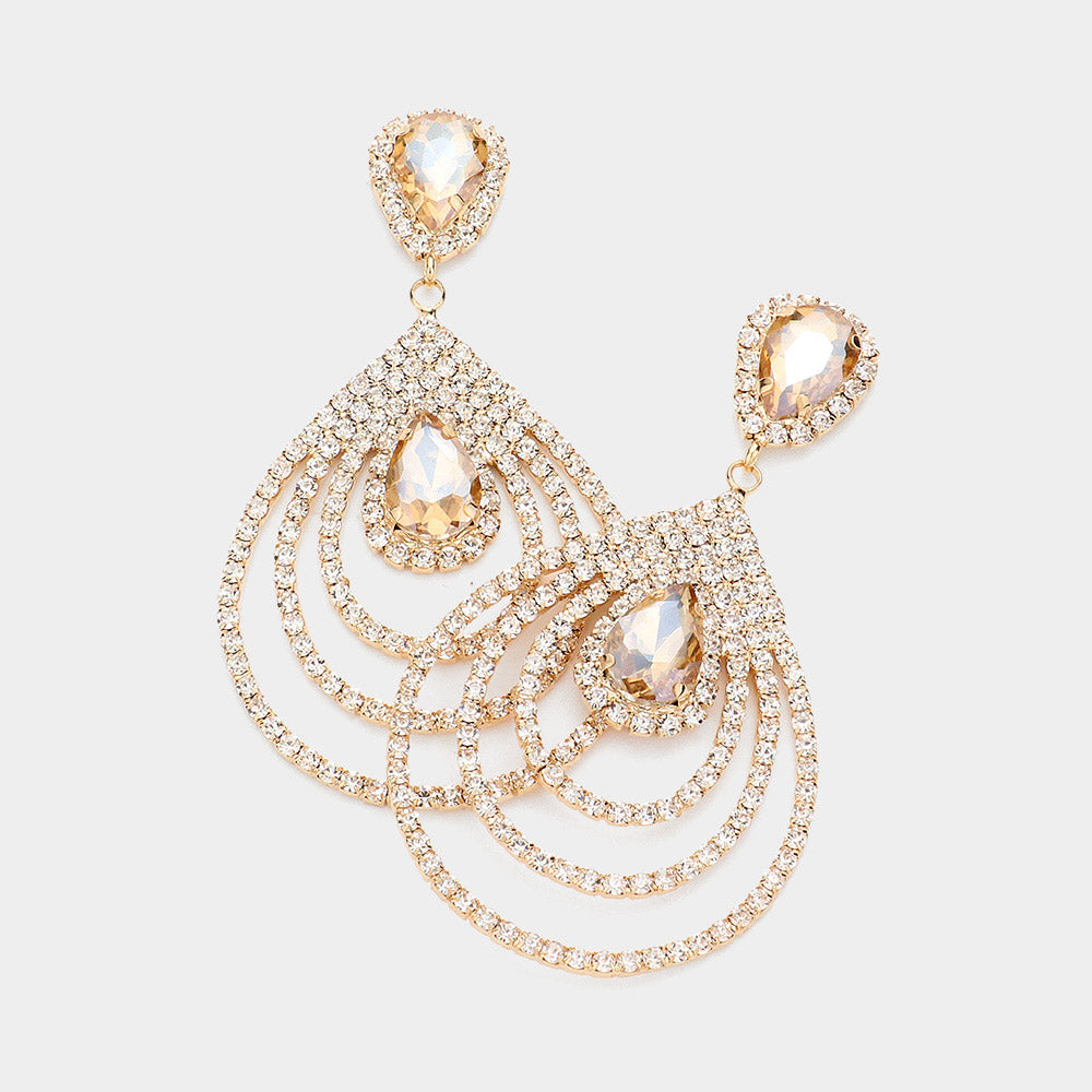 Big Light Topaz Crystal Teardrop and Rhinestone Dangle Pageant Earrings on Gold | Prom Jewelry