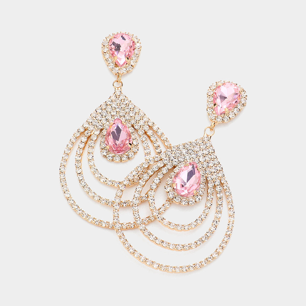 Big Pink Crystal Teardrop and Rhinestone Dangle Pageant Earrings on Gold Prom Jewelry L M Bling lmbling