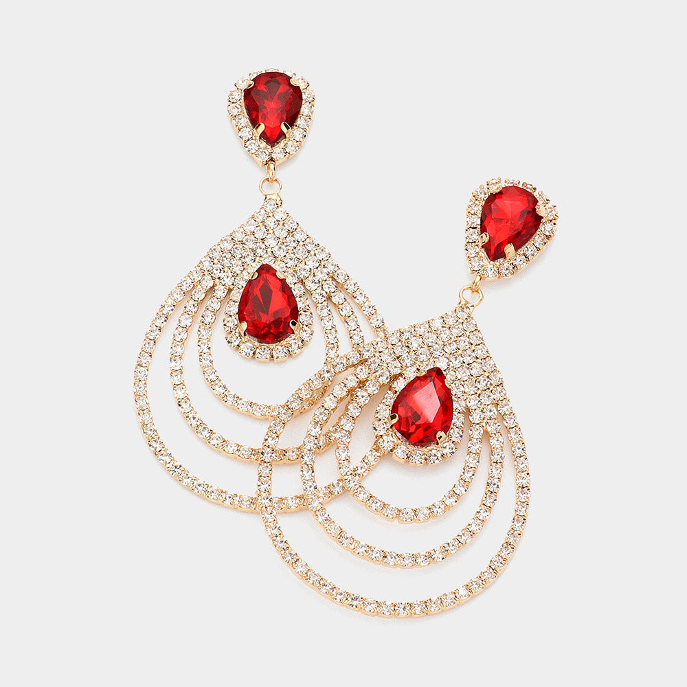 Big Red Crystal Teardrop and Rhinestone Dangle Pageant Earrings | Prom Jewelry