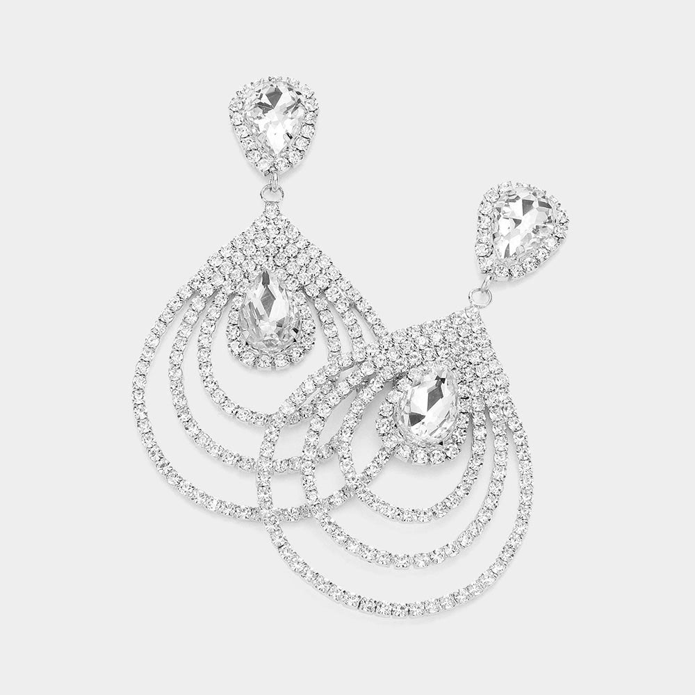 Big Clear Crystal Teardrop and Rhinestone Dangle Pageant Earrings  | Prom Jewelry