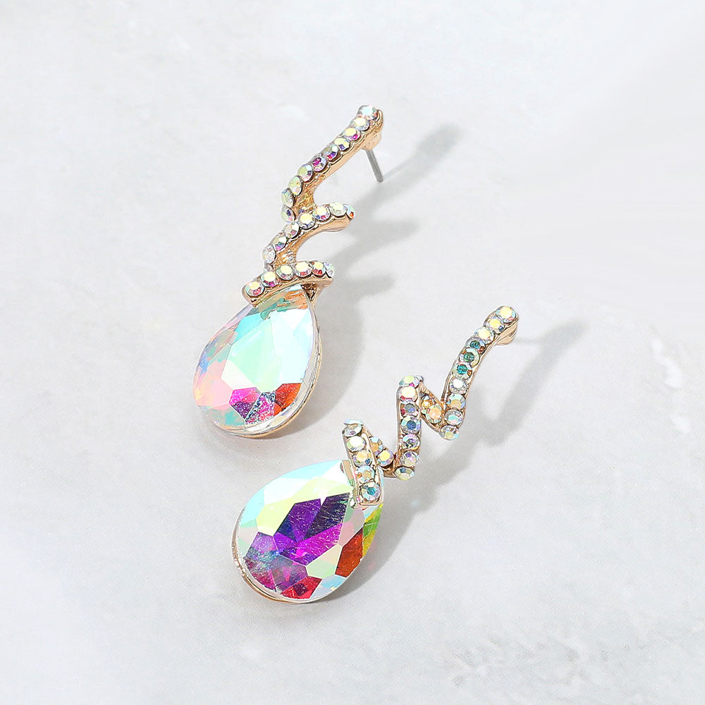 AB on gold teardrop swirl crystal earrings for girls pageant or recital wear on a white background