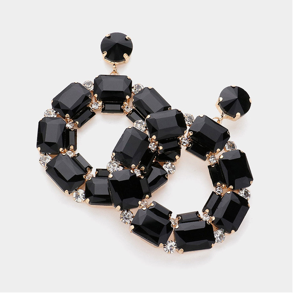 Black Square Stone Open Circle Dangle Pageant Earrings | Evening Earrings