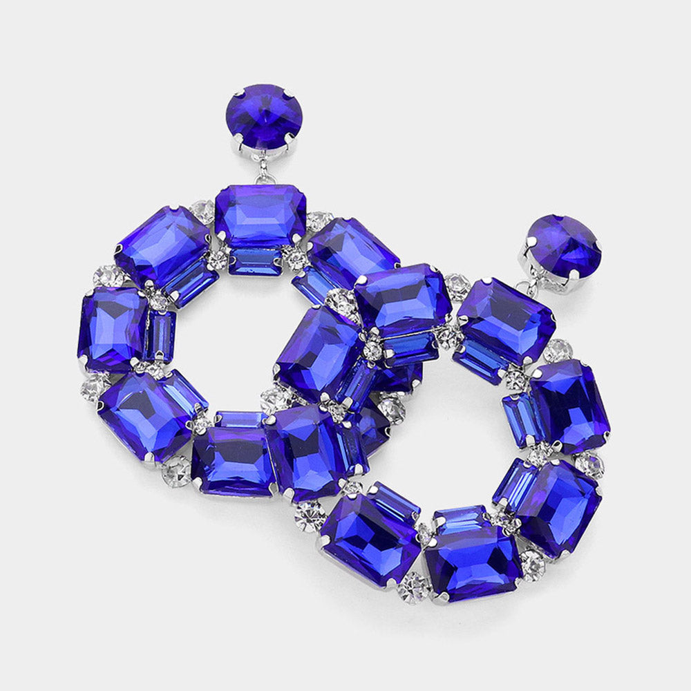 Blue Square Stone Open Circle Dangle Pageant Earrings | Evening Earrings