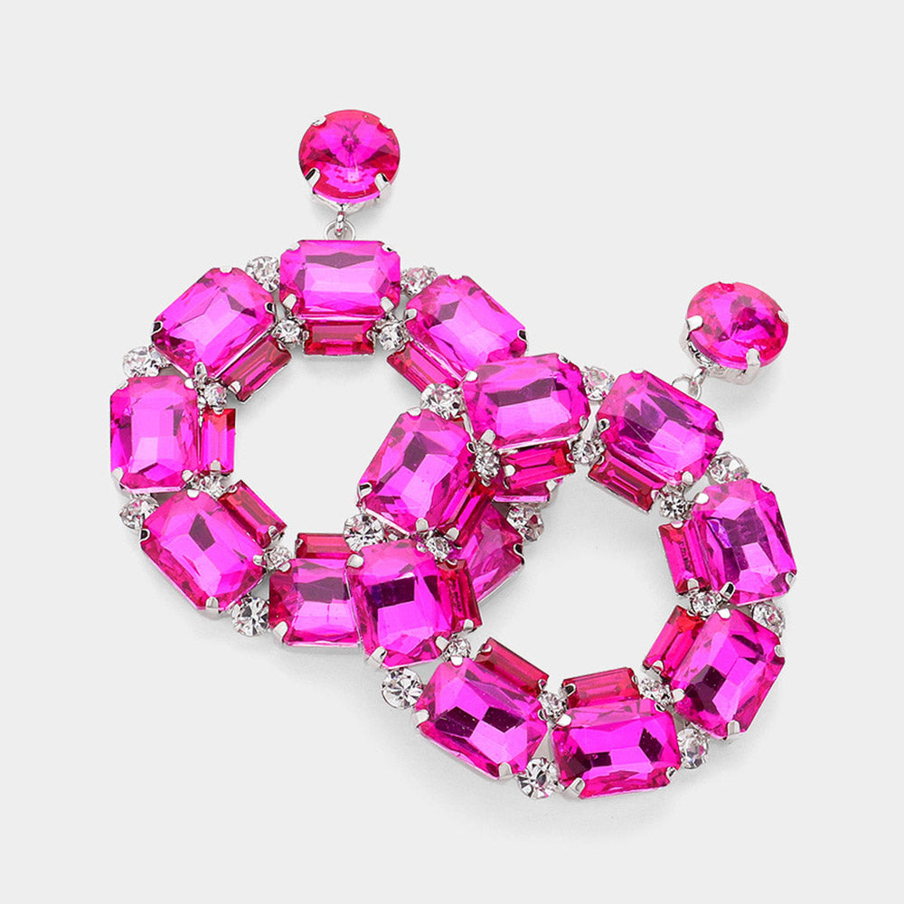 Fuchsia Square Stone Open Circle Dangle Pageant Earrings | Evening Earrings