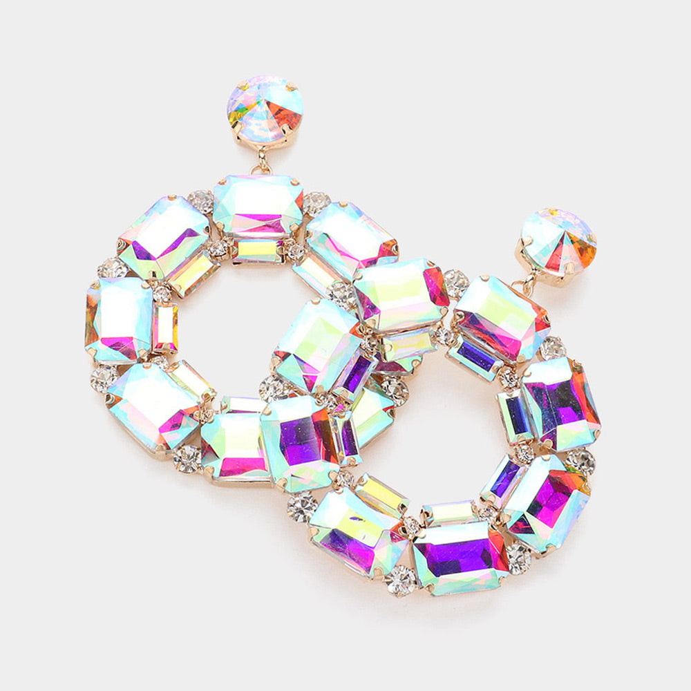 AB Square Stone Open Circle Dangle Pageant Earrings on Gold | Evening Earrings