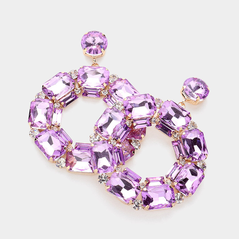 Lavender Square Stone Open Circle Dangle Pageant Earrings  | Evening Earrings 