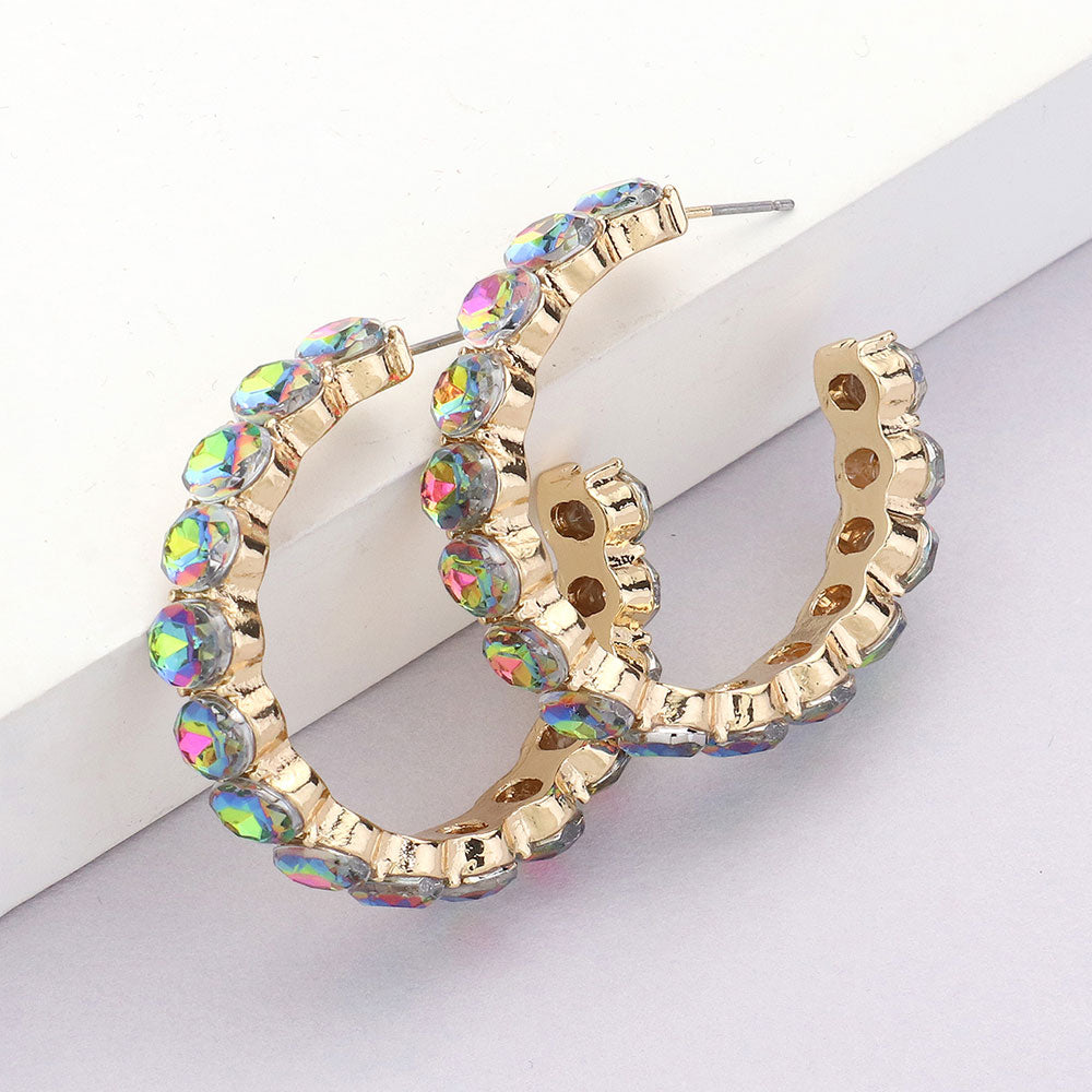 Multi-Color Round Stone Hoop Earrings | 1.5"