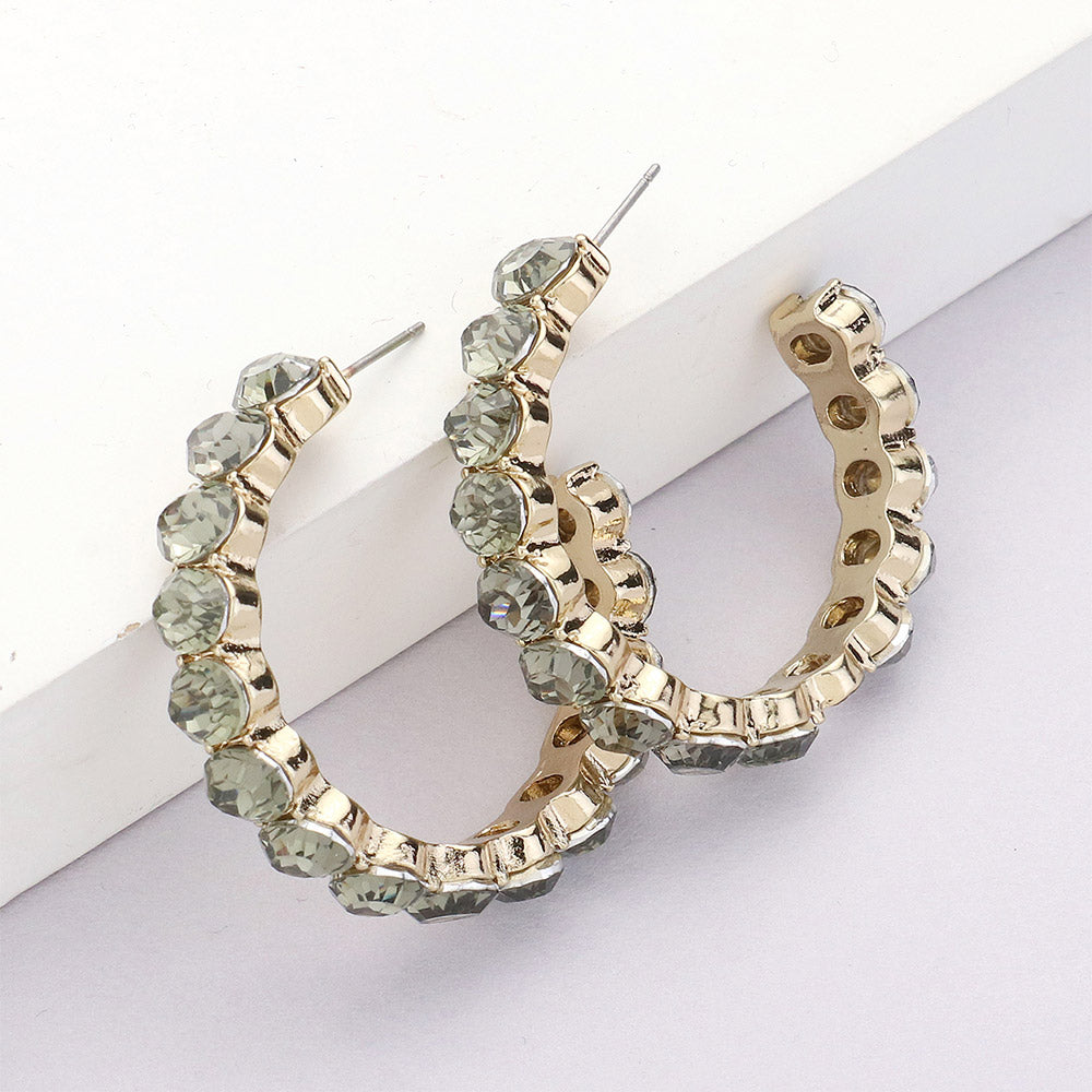 Black Diamond Round Stone Hoop Earrings  | 1.5"