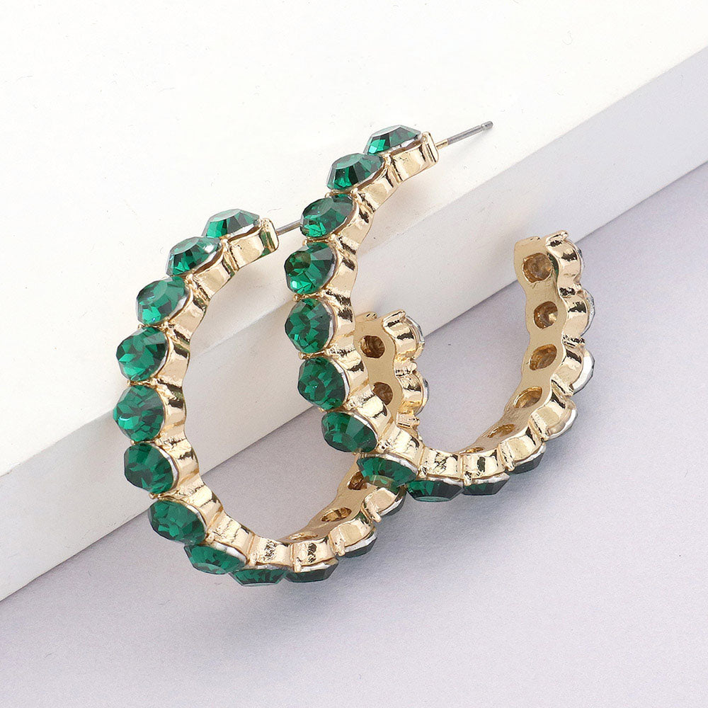 Green Round Stone Hoop Earrings  | 1.5" 