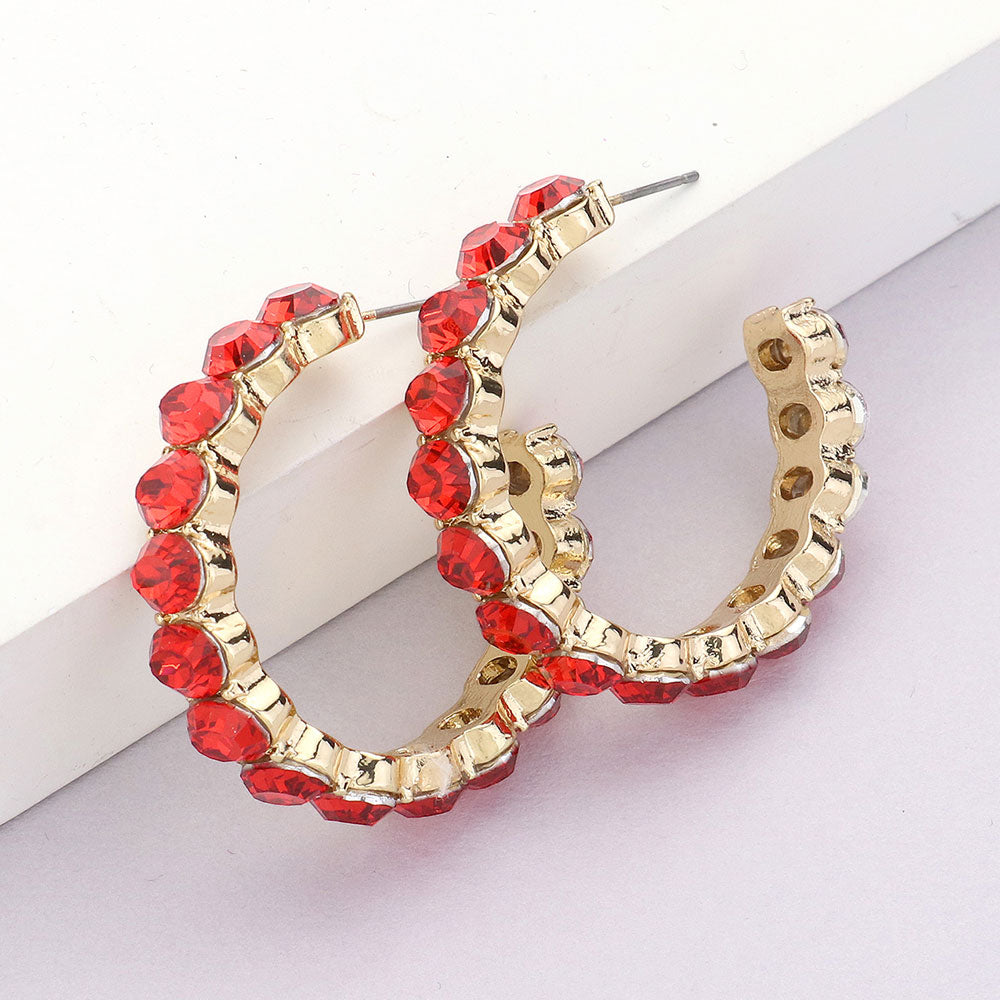 Red Round Stone Hoop Earrings | 1.5"