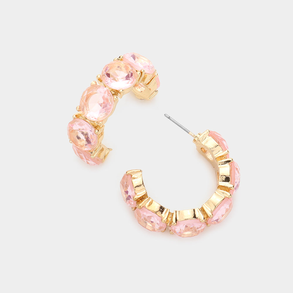 Pink Round Stone Half Hoop Pageant Earrings | Pink Interview Earrings