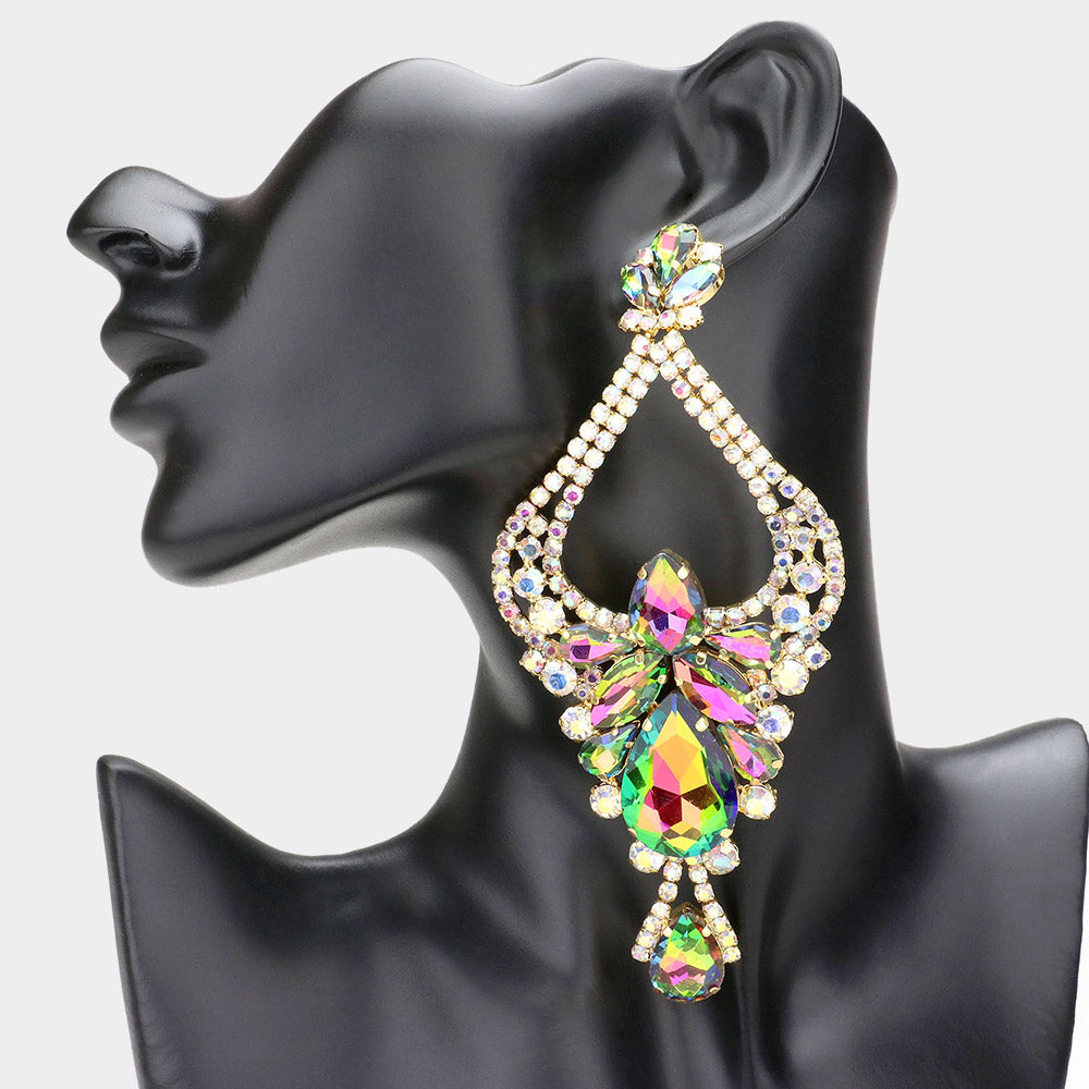 Large Long Multi-Color Crystal Teardrop Rhinestone Embellished Chandelier Earrings | Oversized Earrings