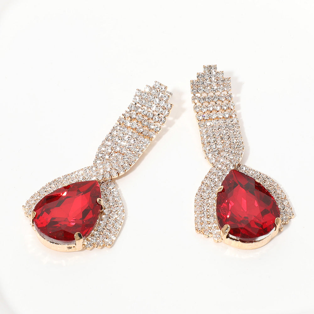 Red Teardrop Embellished with Clear Rhinestone Pageant Earrings | Red Prom Earrings