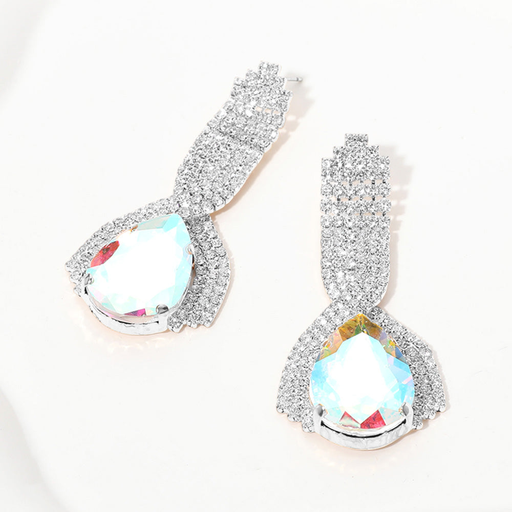 AB Teardrop Embellished with Clear Rhinestone Pageant Earrings  | AB Prom Earrings