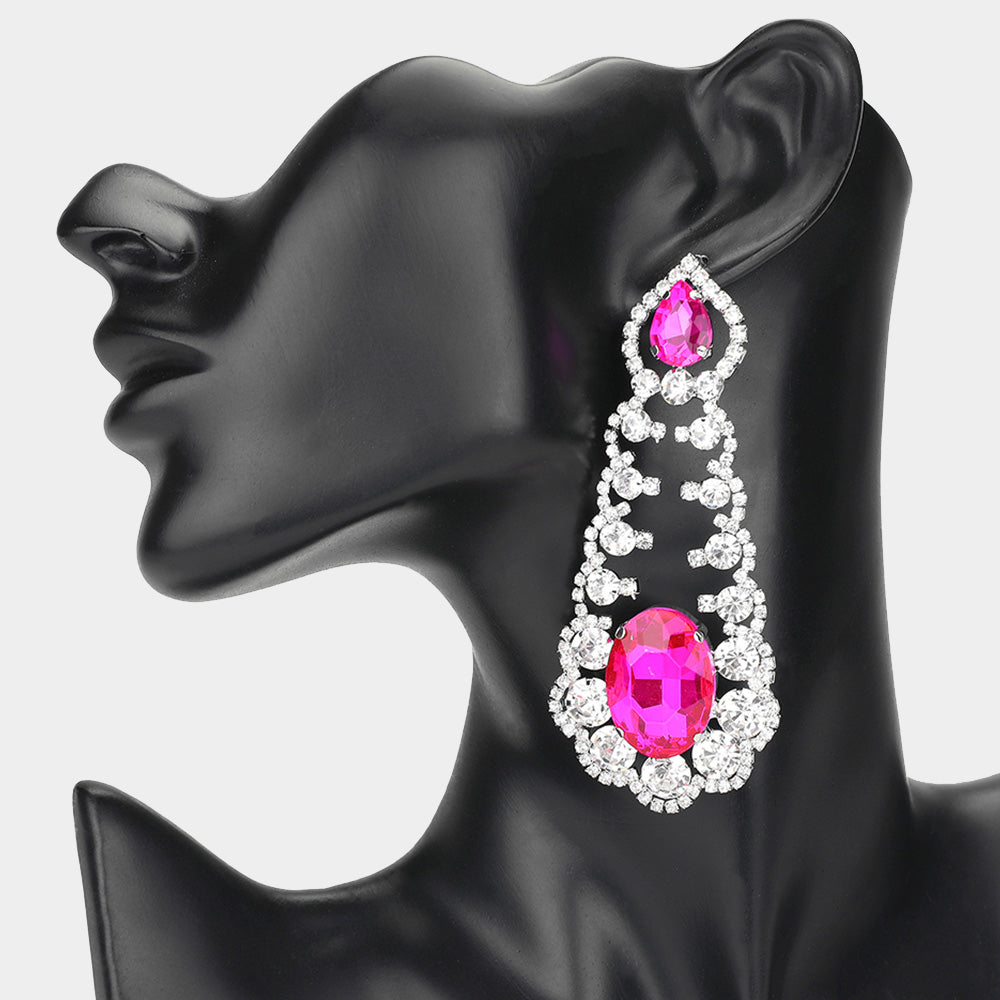 Oversized Fuchsia Oval and Teardrop Stone with Accented Rhinestone Trim | Evening Earrings