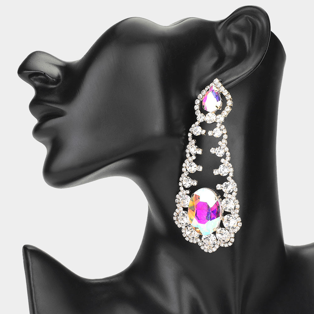 Oversized AB Oval and Teardrop Stone with Accented Rhinestone Trim on Gold | Evening Earrings