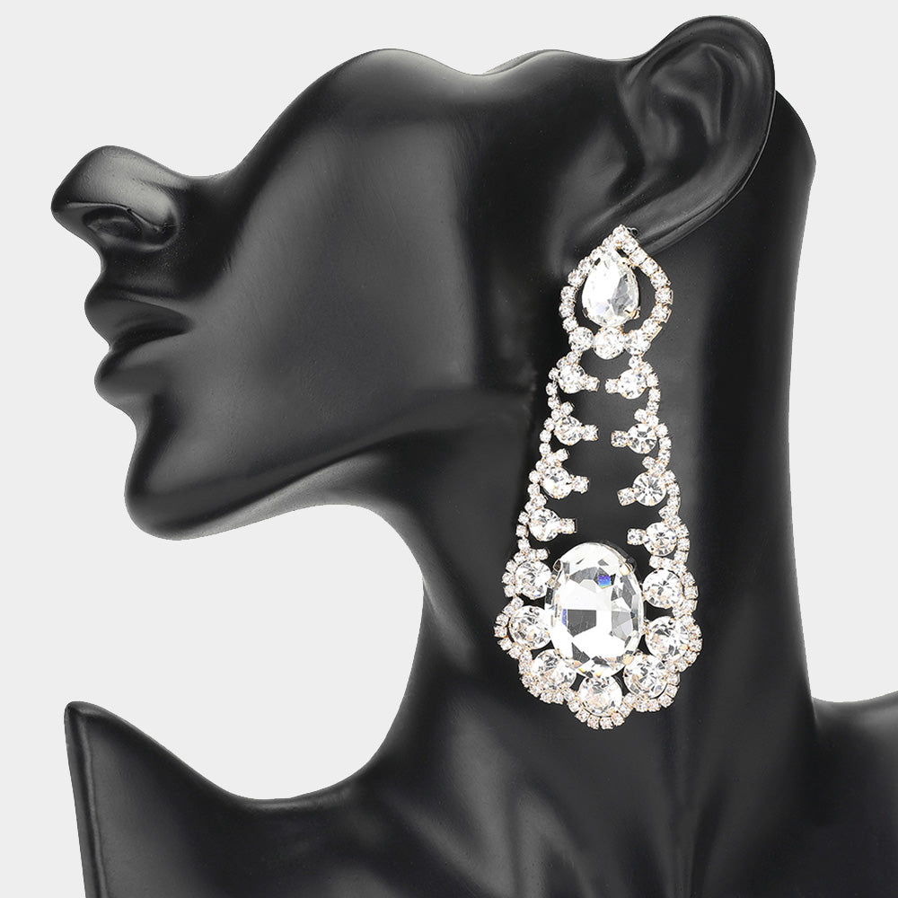 Oversized Clear Oval and Teardrop Stone with Accented Rhinestone Trim on Gold | Evening Earrings