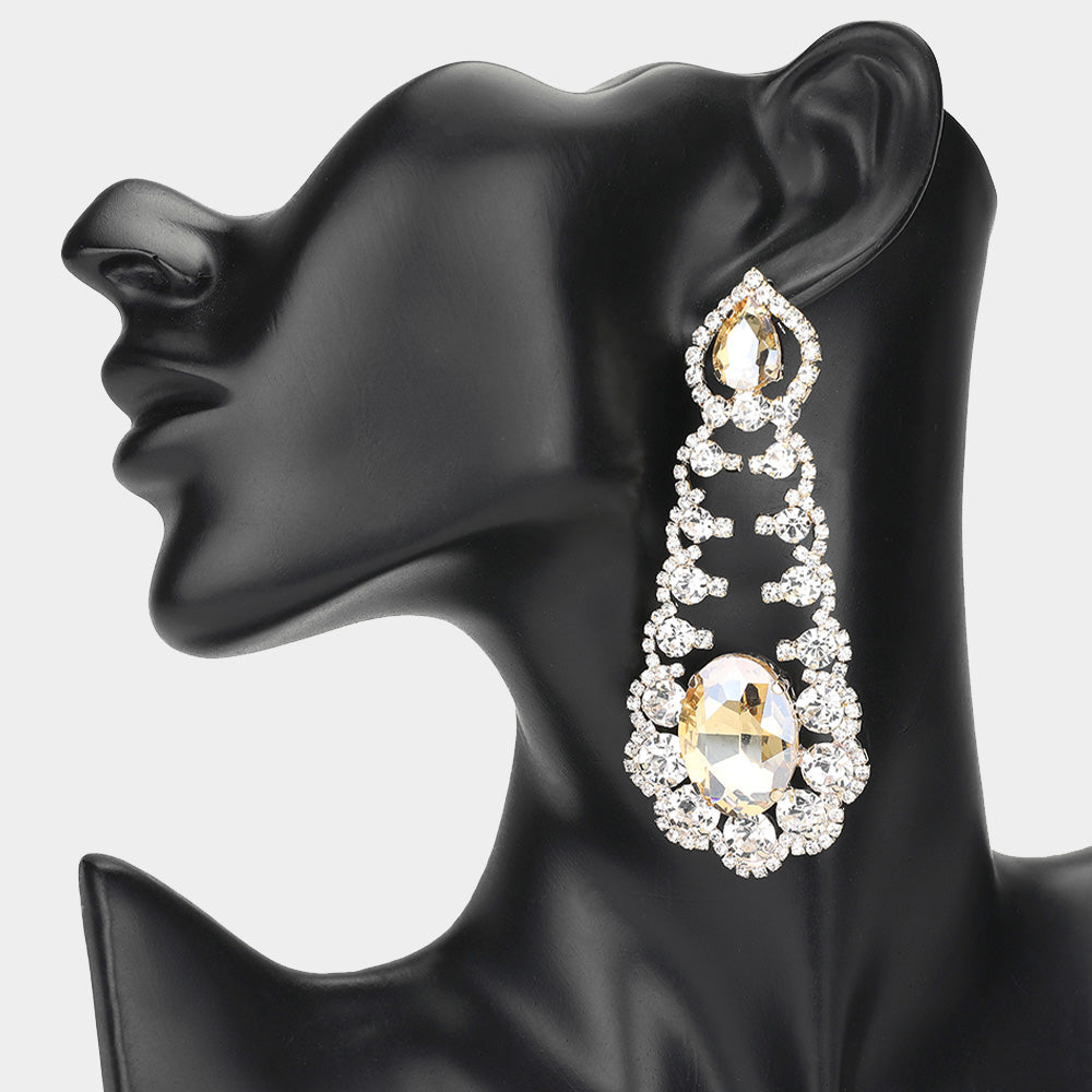 Oversized Light Topaz Oval and Teardrop Stone with Accented Rhinestone Trim | Evening Earrings