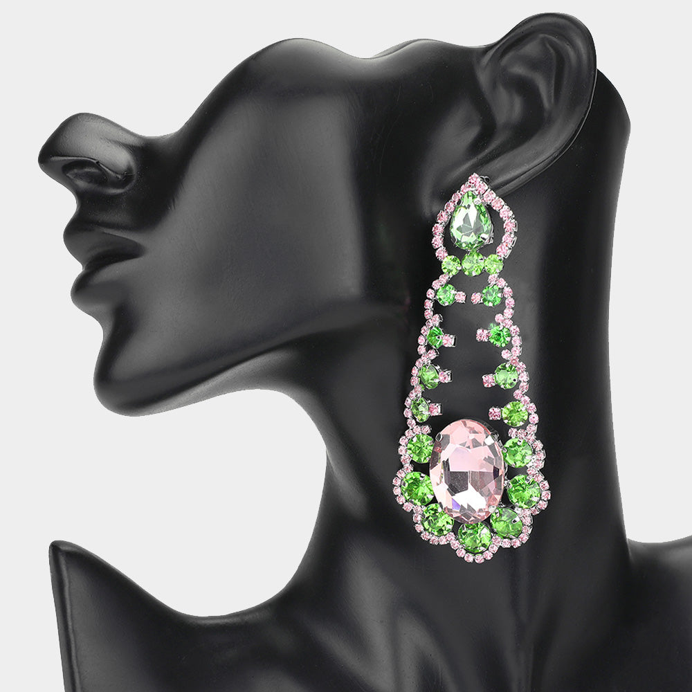 Oversized Pink & Green Oval and Teardrop Stone with Accented Rhinestone Trim | Evening Earrings