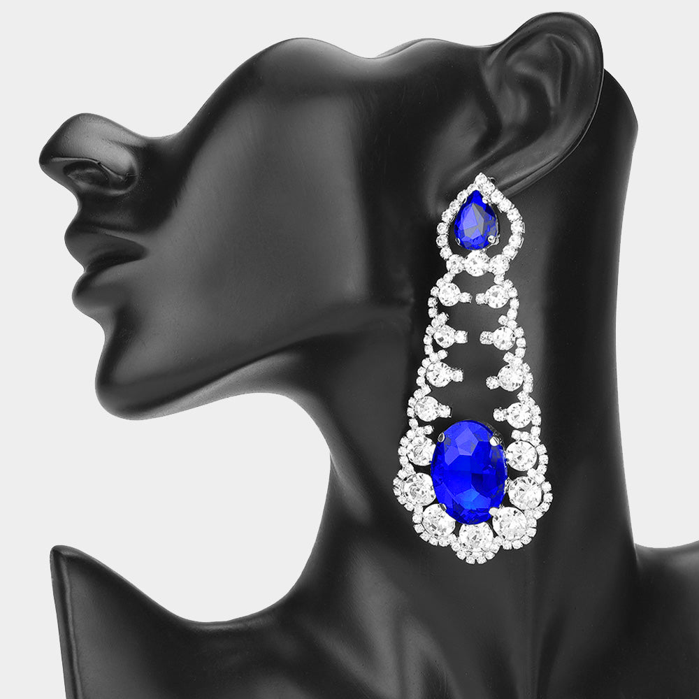 Oversized Royal Blue Oval and Teardrop Stone with Accented Rhinestone Trim | Evening Earrings
