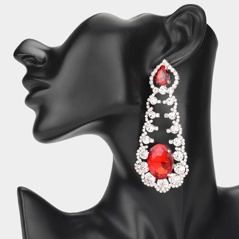 Oversized Red Oval and Teardrop Stone with Accented Rhinestone Trim | Evening Earrings