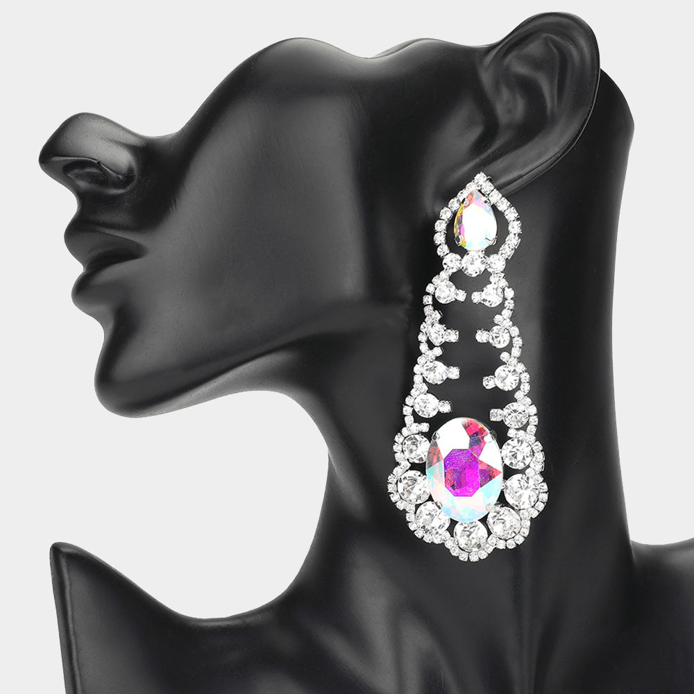 Oversized AB Oval and Teardrop Stone with Accented Rhinestone Trim | Evening Earrings