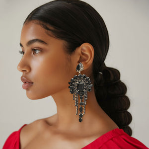 Black Crystal Chandelier Fringe Drop Earrings – Long 4.6" Stone Cluster Evening Statement Earrings |  683522